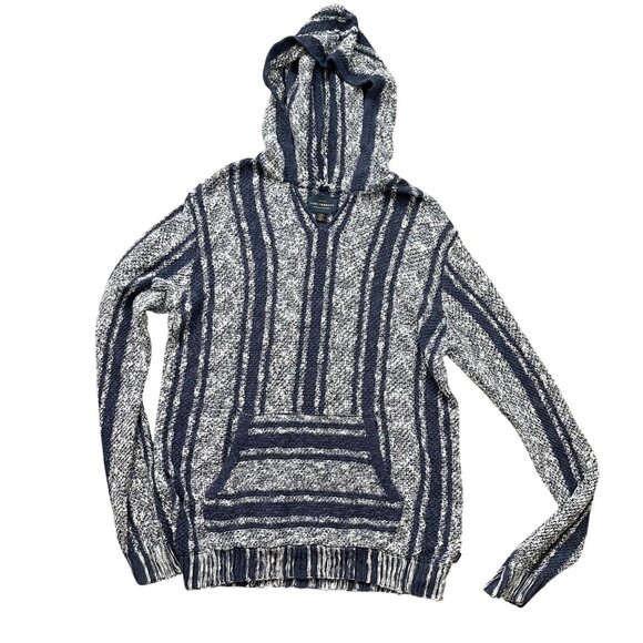 Lucky Brand Striped Knit Baja Hoodie Sweater Men's Size Large Cotton Blend‎ Navy - Picture 1 of 14
